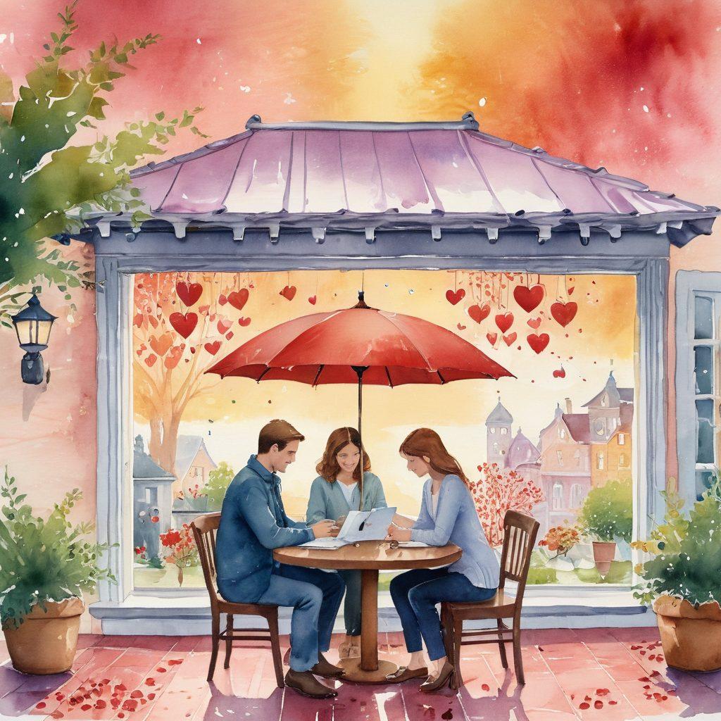 A cozy scene of a couple happily sitting at a table, reviewing insurance policies together, surrounded by symbols of love like hearts and family icons. A warm, inviting atmosphere with soft lighting and subtle reflections of safety nets in the background. Include elements like a house and an umbrella signifying protection and security. watercolor style. warm colors. inviting composition.