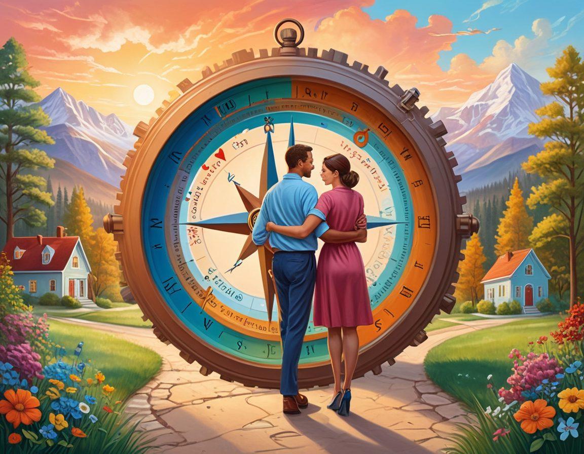 A couple holding a compass together, symbolizing teamwork in navigating the complex landscape of insurance; surrounding them are icons representing different types of insurance policies like hearts, homes, and health symbols, intertwined with vibrant pathways and gears symbolizing strategies and planning. soft pastel colors. digital painting.