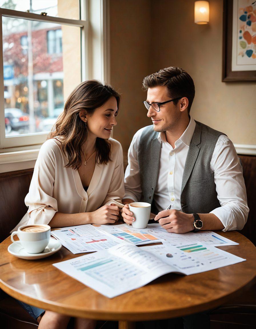 A romantic couple discussing finances at a cozy café, with heart-shaped graphs and charts floating around them, symbolizing love and financial planning together. Include warm lighting and soft pastel colors to evoke a sense of warmth and connection. A stack of financial documents and a coffee cup on the table adds to the scene. super-realistic. pastel colors. warm lighting.